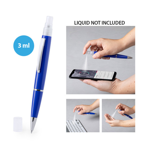 Plastic ballpoint pen with blue refill and sanitizer spray on top. Capacity: 3 ml.- goodiebags.ro