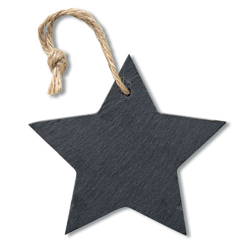 Ornament pentru pomul de Craciun in forma de stea, fabricat din ardezie si cu cordon de iuta.