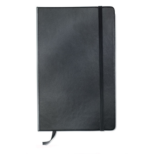 A5 notebook with soft PU cover and 96 lined pages closed with an elastic band.