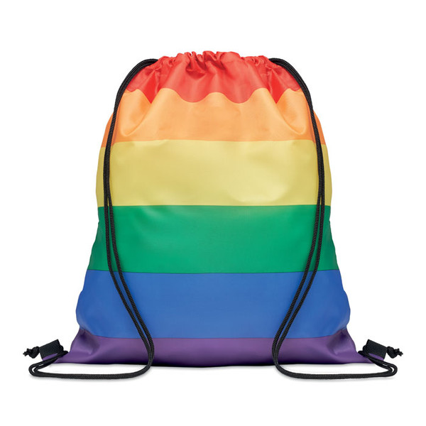 Rucsac rainbow din poliester 210D RPET cu snur din PP. Capacitate: 2,5 kg.