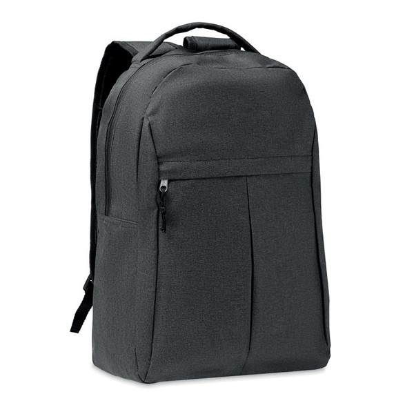 Rucsac fabricat din poliester 600D RPET, cu un buzunar exterior cu fermoar și un buzunar cu plasă pe lateral.