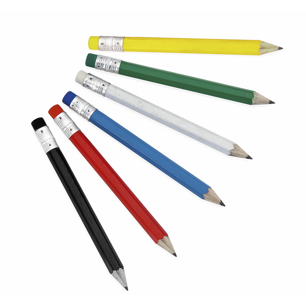 Mini wooden pencil with hexagonal body in bright colors and with matching eraser. Sharp tip.