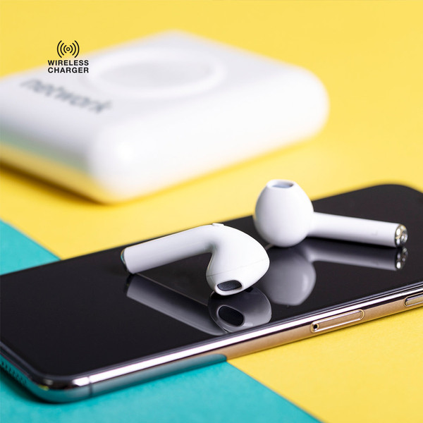 Wireless charger and Bluetooth earphones with hands-free call | GoodieBags
