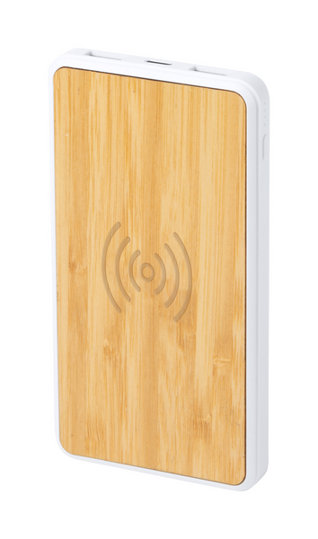 Power bank din bambus cu baterie de 8000 mAh si încărcător wireless încorporat personalizat b2b