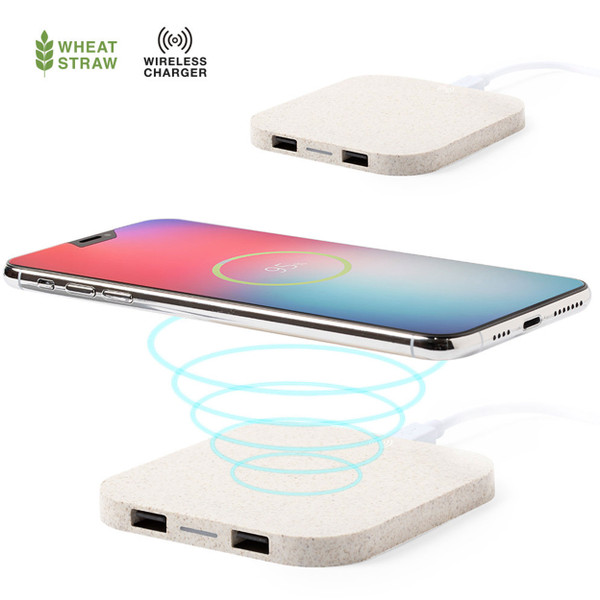 Wireless charger in ecological wheat straw plastic with 2 USB ports| goodiebags