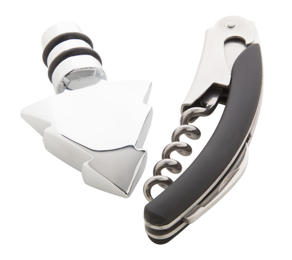 Wine set with corkscrew and cork with Christmas tree on the top.