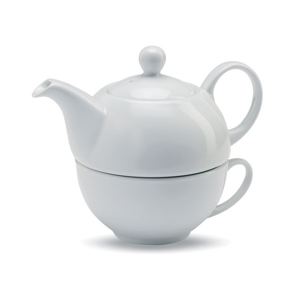 Tea Time, set de ceai cu ceainic si ceasca din ceramica alba, cu posibilitate de personalizare corporate