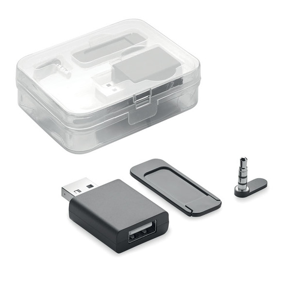 Set în carcasă PP cu dispozitiv pentru blocarea camerei web, date și audio.