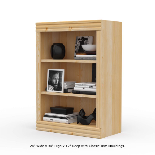 24" Wide x 34" High x 12"D Traditional Framed Solid Pine Bookcase with Classic Mouldings.