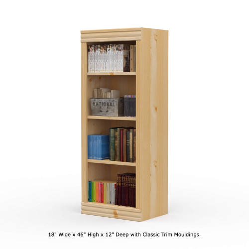 18" Wide x 46" High x 12"D Traditional Framed Solid Pine Bookcase with Classic Mouldings.