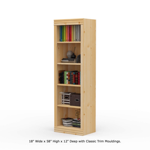 18" Wide x 58" High x 12"D Traditional Framed Solid Pine Bookcase with Classic Mouldings.