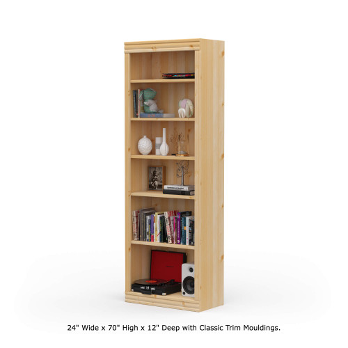 24" Wide x 82" High x 12"D Traditional Framed Solid Pine Bookcase with Classic Mouldings.