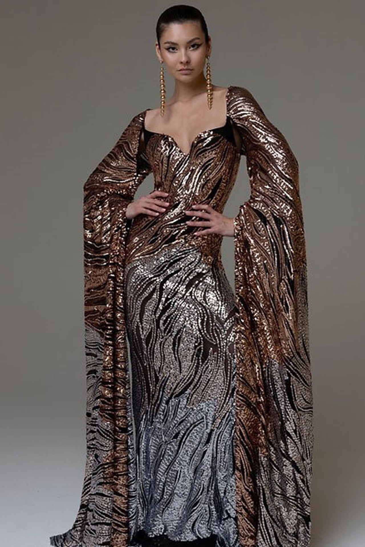 Ziad Nakad Long Sleeve Feathered Slit Gown - District 5 Boutique