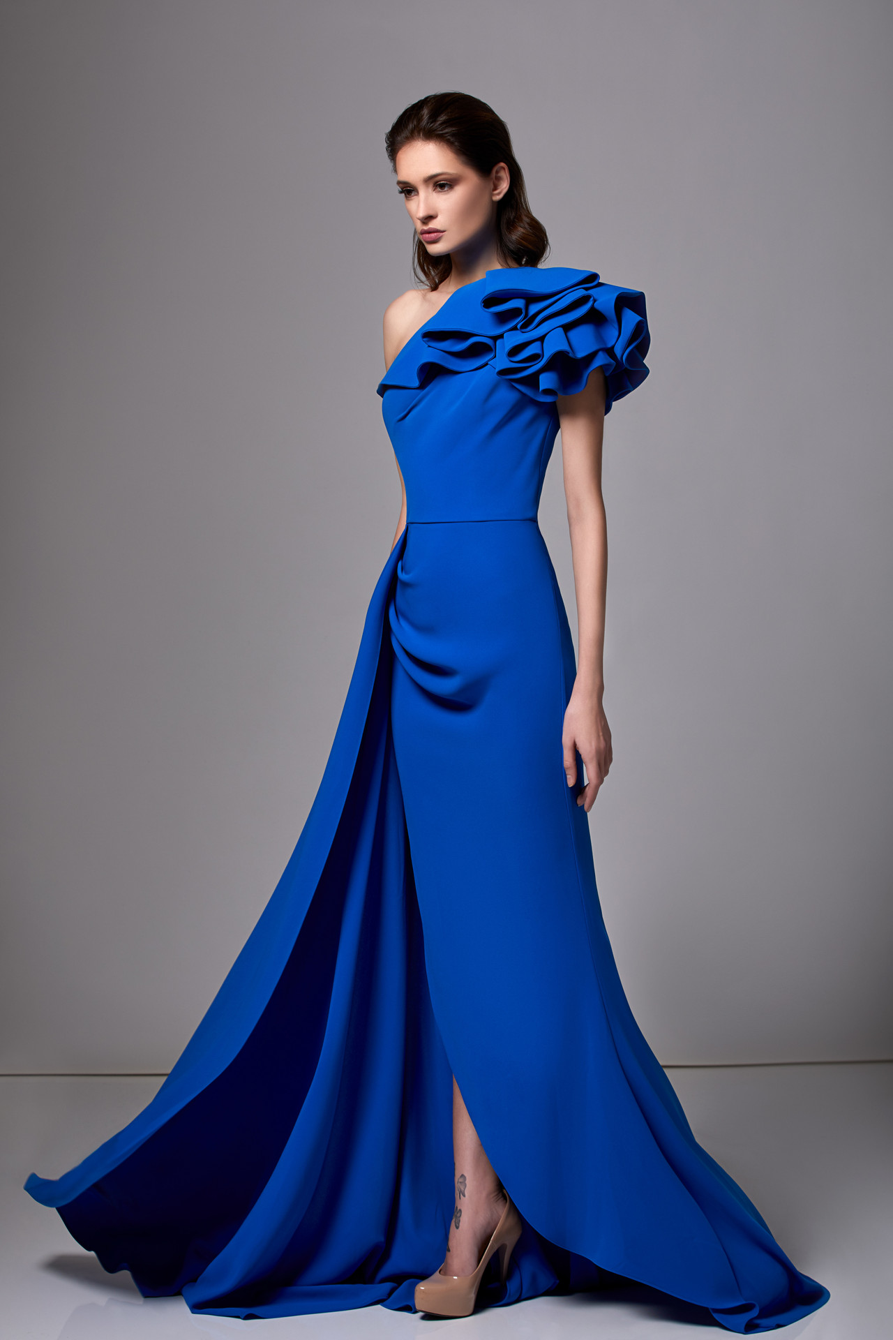 Edward Arsouni Ruffled One Shoulder Crepe Gown - District 5 Boutique