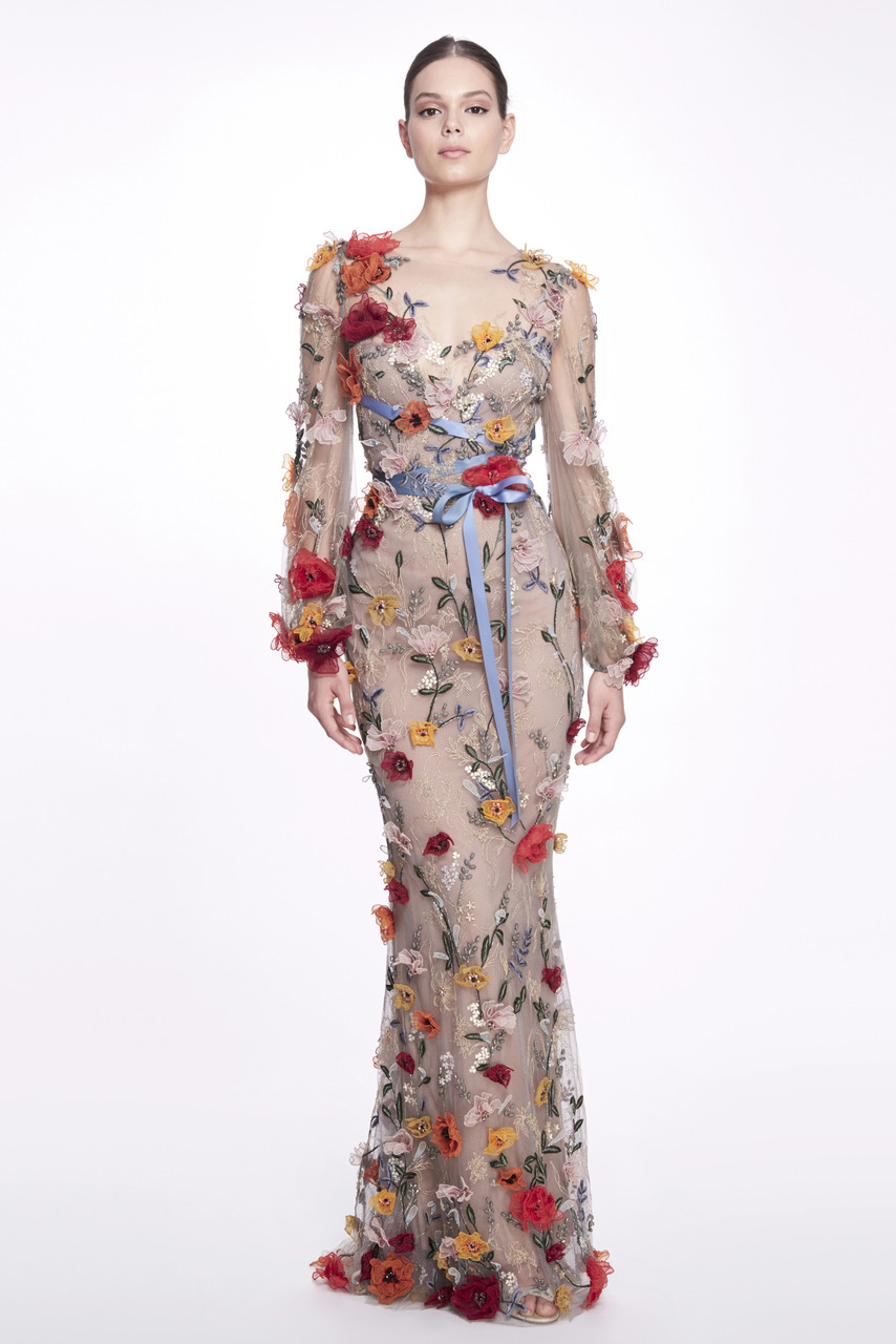 Marchesa Couture Long Sleeve Embroidered Illusion Gown- District 5 Boutique