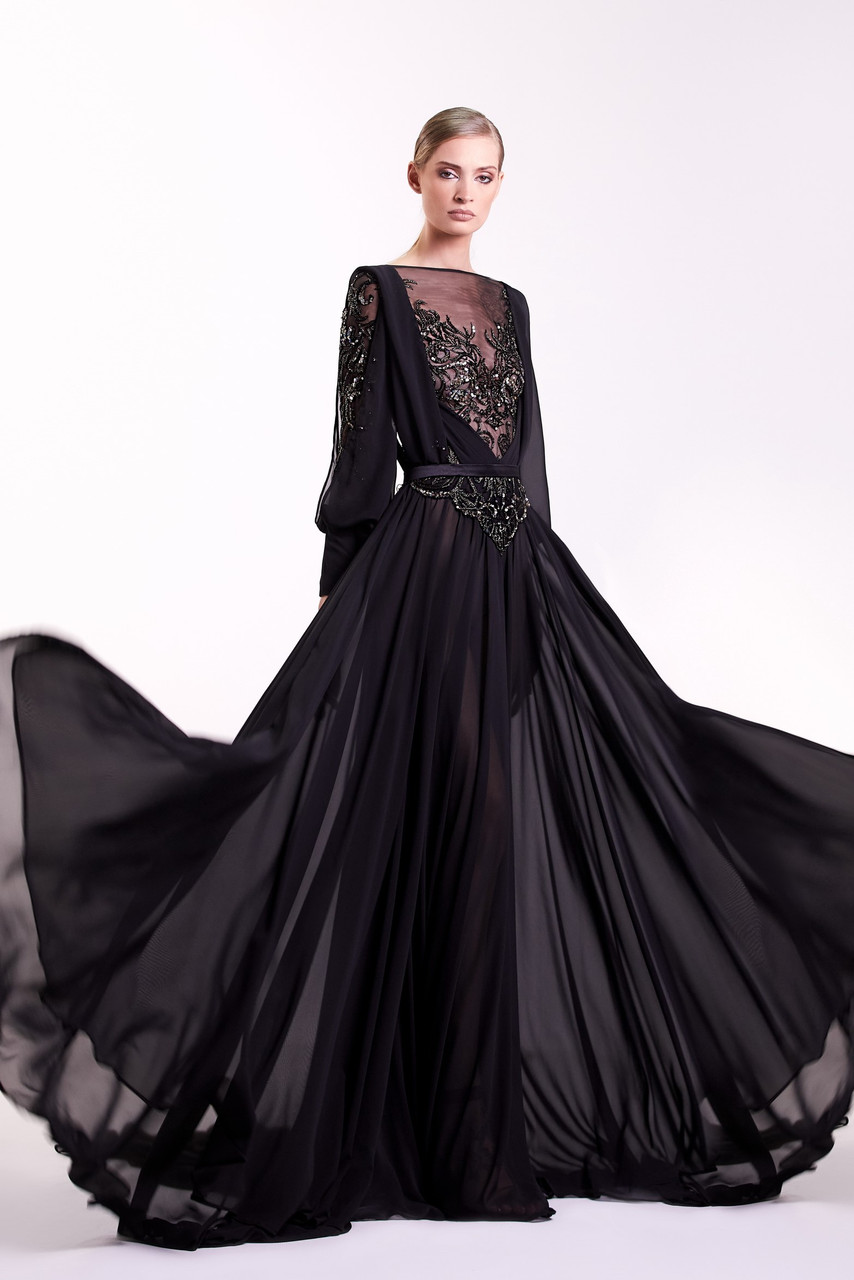 Edward Arsouni Long Sleeve Black Gown- District 5 Boutique