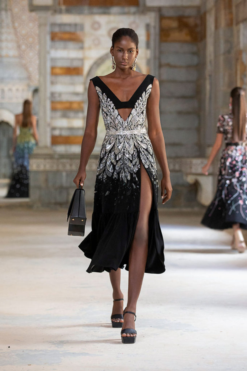 Georges Hobeika Black Crepe and Beaded Midi Dress- District 5 Boutique