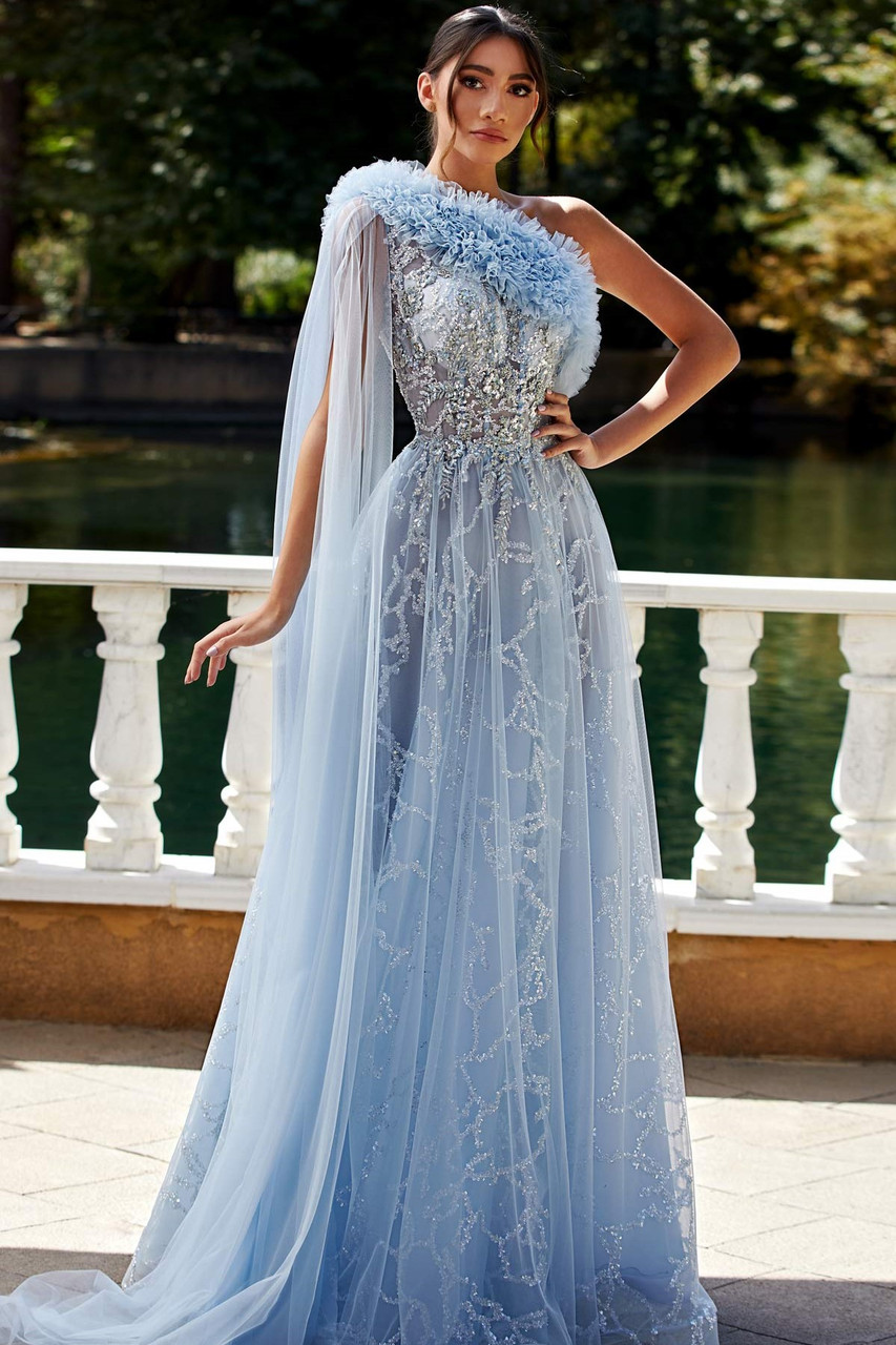 One Shoulder Cape Sleeve Gown