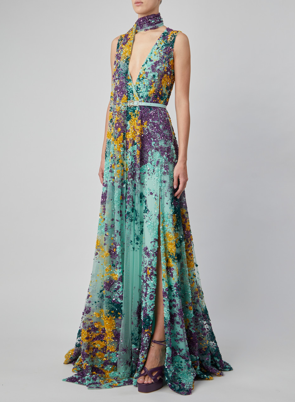 Elie Saab Belted Beaded Sleeveless Gown- District 5 Boutique