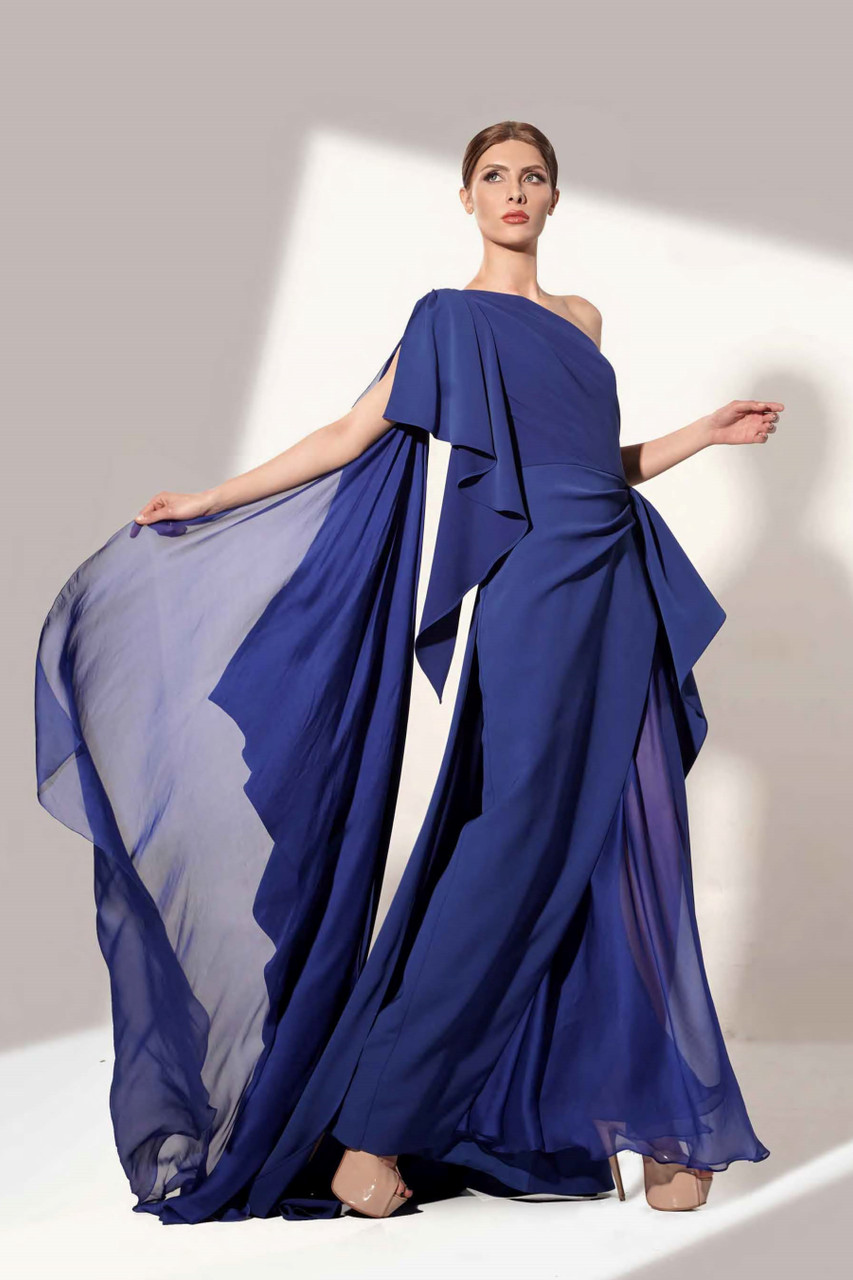 Jean Fares Couture One Shoulder Draped Blue Gown- District 5 Boutique