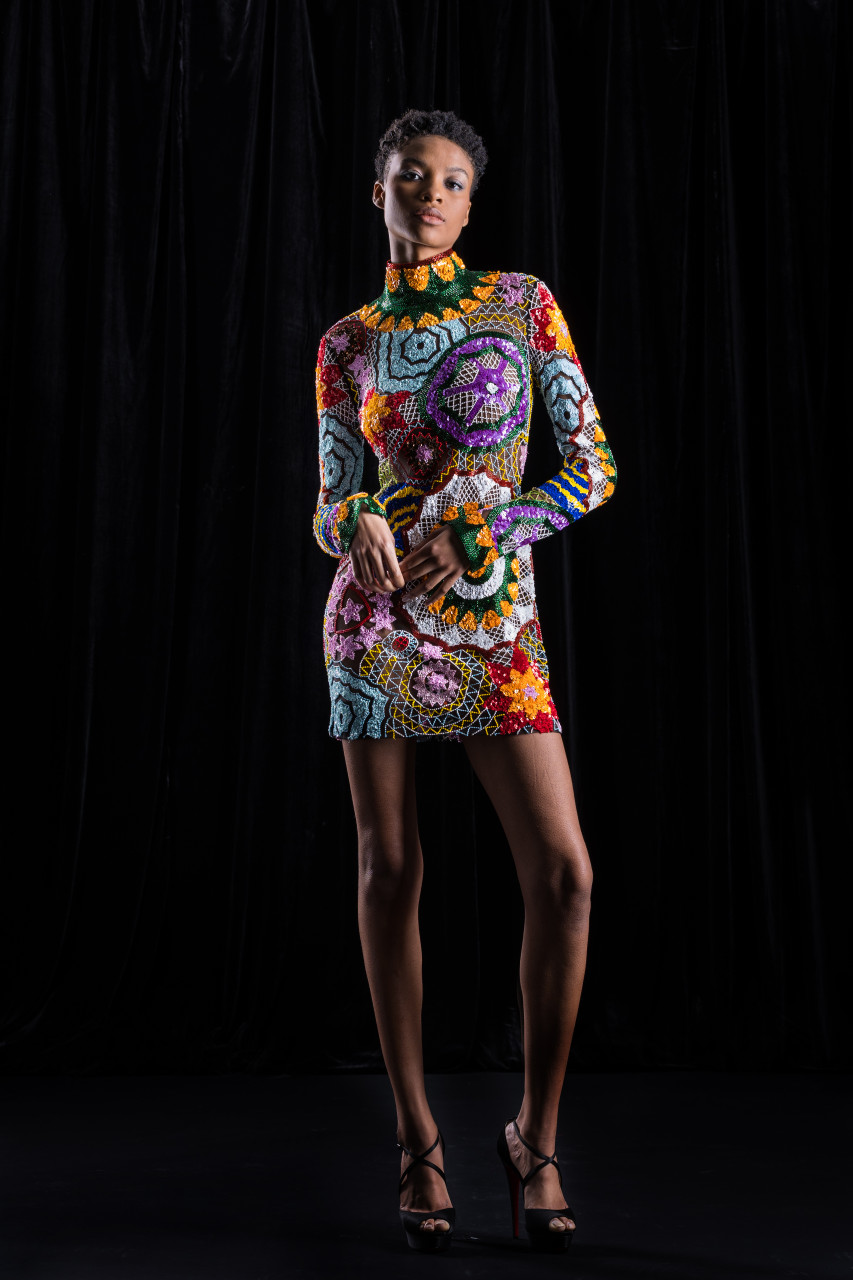 Naeem Kahn Geometric Beaded Long Sleeve Mock Neck Dress - District 5  Boutique