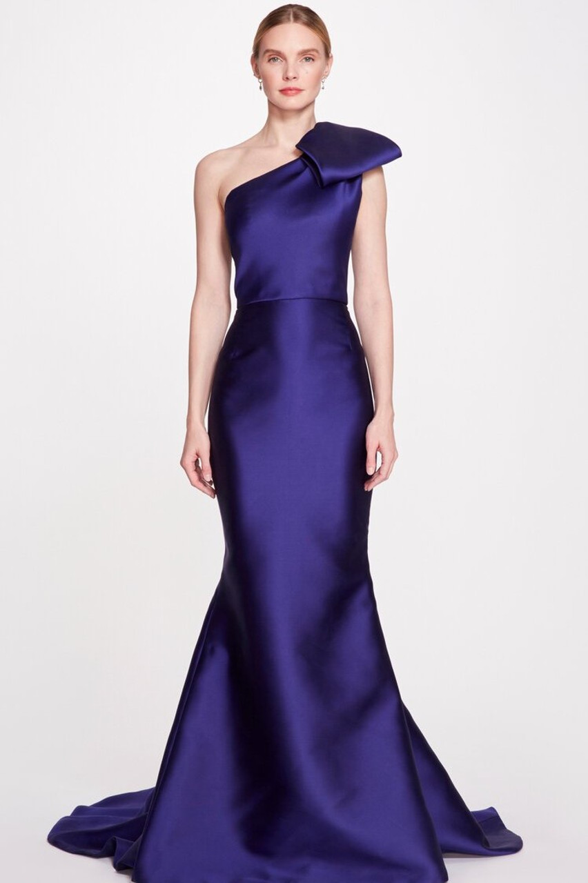 Marchesa Bow-detailed Duchess Satin Gown In Blue | ModeSens