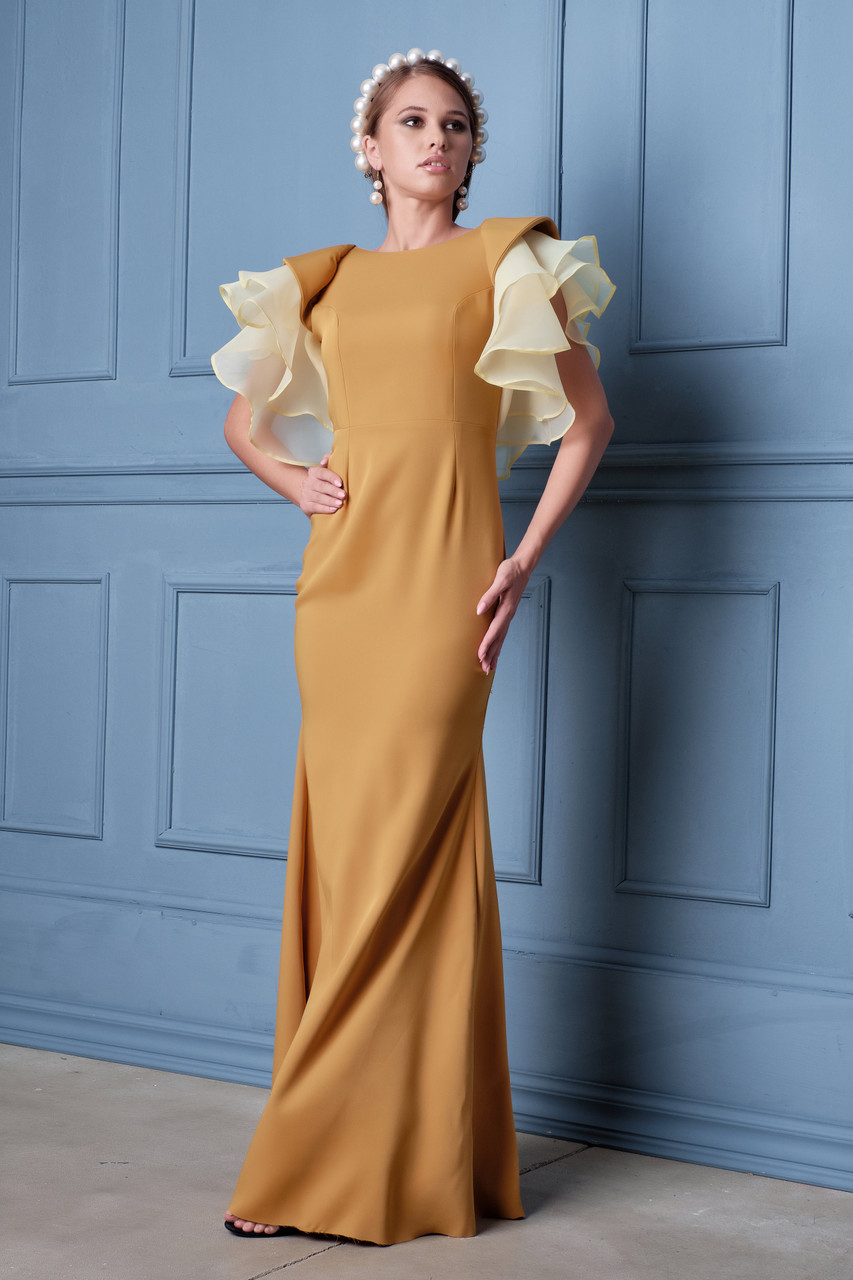 ruffle sleeve evening gown