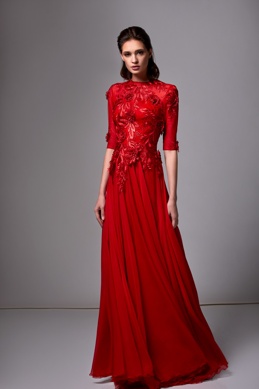 Edward Arsouni Elbow Sleeve Mousseline Gown with Lace - District 5 Boutique