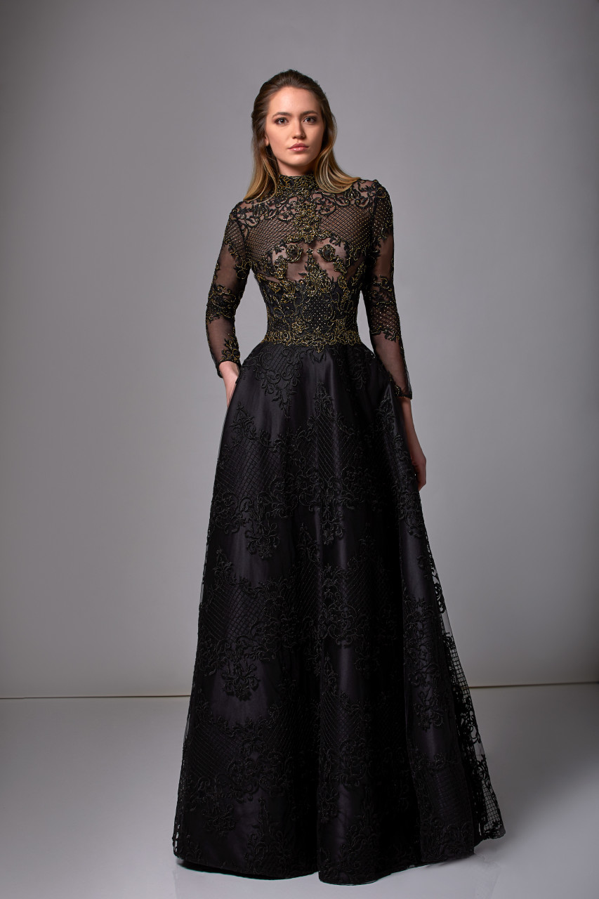 Edward Arsouni Beaded Lace ¾ Sleeve Gown - District 5 Boutique