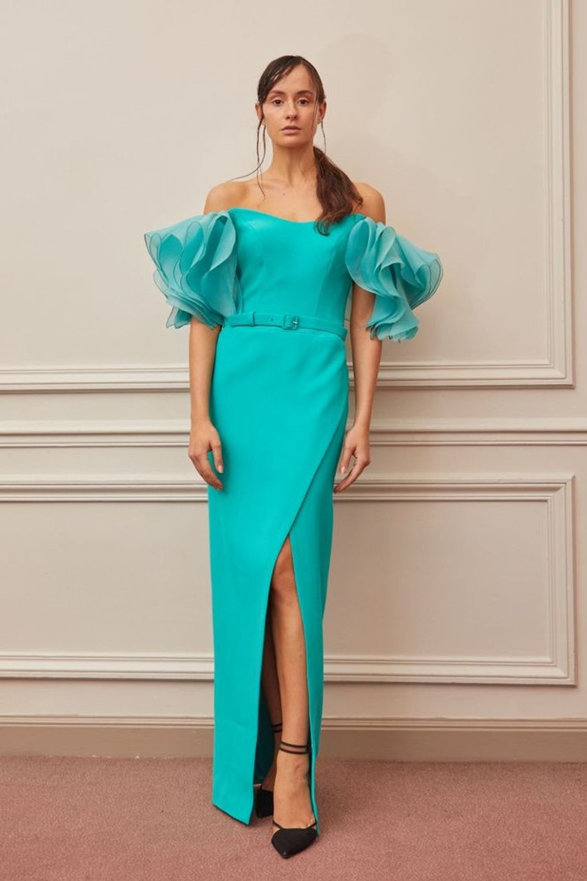 Gatti Nolli by Marwan Ruffled Off Shoulder Slit Gown - District 5