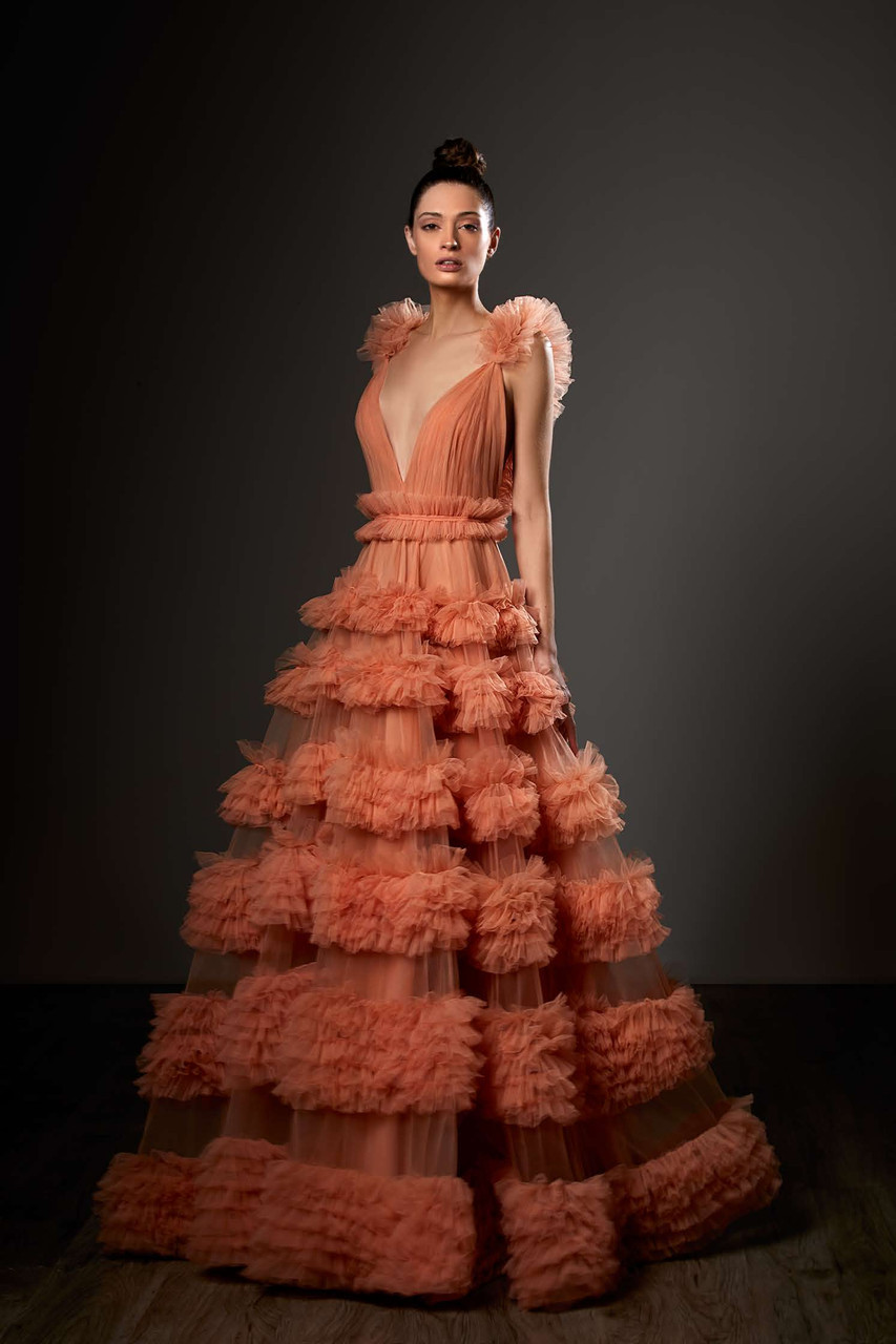 Ziad Germanos Tiered Ruffled V-Neck A-Line Gown - District 5 Boutique