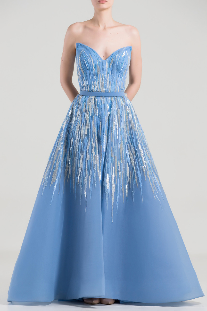 aqua belted sequin gown