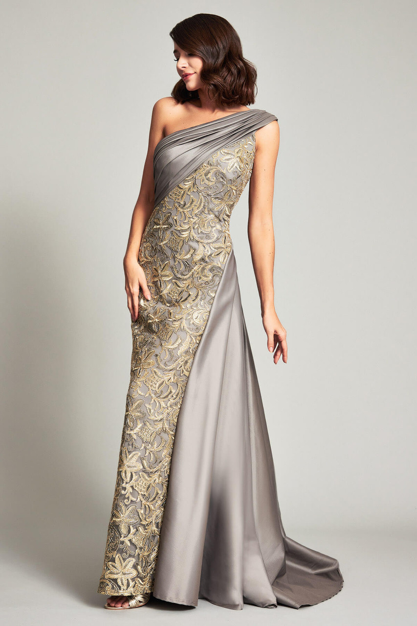 one shoulder draped gown