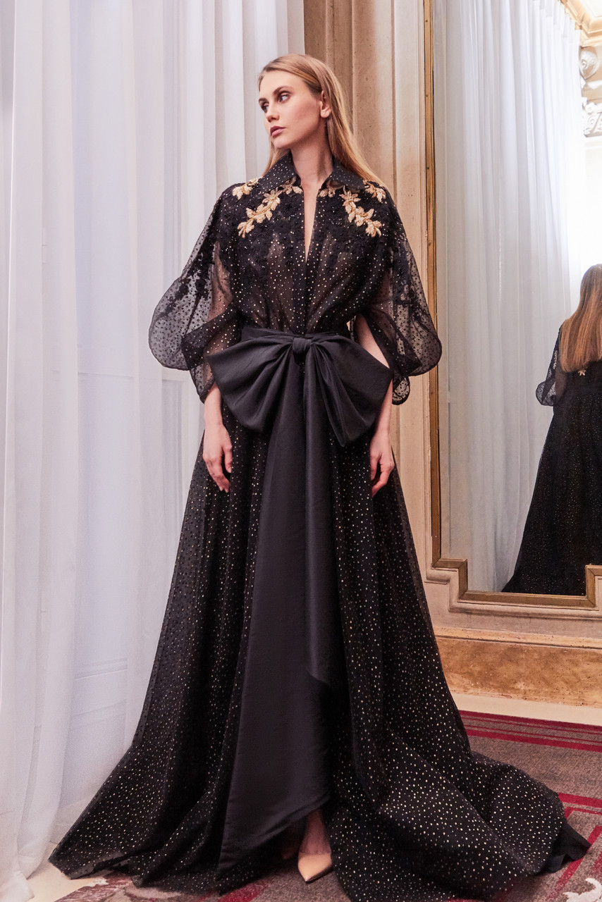 Gatti Nolli by Marwan Collared Neck ¾ Sleeve A-Line Gown - District 5  Boutique