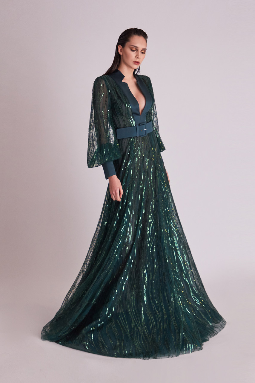 Gatti Nolli by Marwan Long Sheer Sleeve Embellished Gown - District 5  Boutique