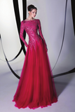 Beaded Tulle Long Sleeve  Gown