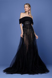 Off Shoulder Crepe Collar Beaded Tulle Gown