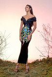 Off Shoulder Silk Gazar and Velvet Dress