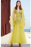 Bead Embroidered Slit Sleeve Gown