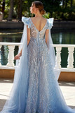 Blue Ruffled Sleeve Gown