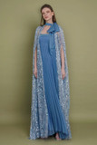 Fully Pleated Strapless Chiffon Gown with Cape