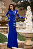 Long Sleeve Beaded Crepe  Gown