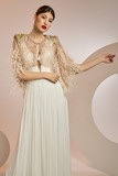 Plunging Neck Pleated Gown with Cape