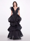 Black Multi-Tiered Pleated Gown