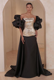 Brocade Gown with Off Shoulder Cape