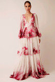 Long Sleeve Floral Pleated A-Line Gown