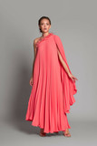 Pleated One Shoulder Cape Gown