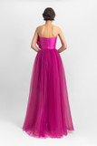 Satin Flower Strapless Pleated Gown