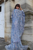 Long Cape Sleeve Embellished Slit Gown