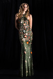 Floral Applique Telio Cross Tie Neck Gown